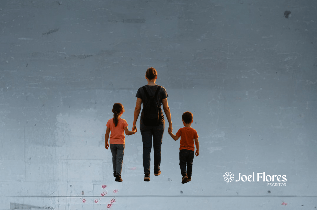 Madre joven camina con sus dos hijos por la calle